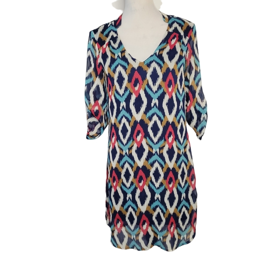 Wrangler v-neck cowgirl dress blue with colorful pattern 3/4‎ sleeve sz small